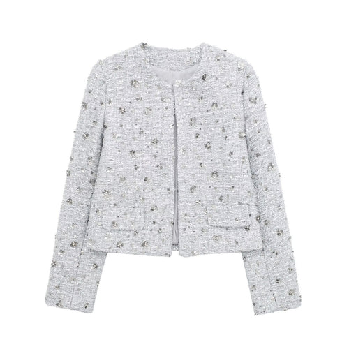 Damen nan kurz geschnittene Bouclé‑Tweedjacke mit floraler Pailletten‑Applikation und offener Front Drune