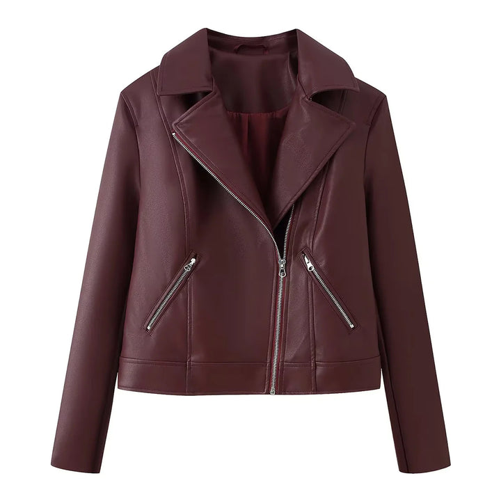 Damen nan taillierte Bikerjacke aus veganem Lederimitat mit asymmetrischem Reißverschluss Drune
