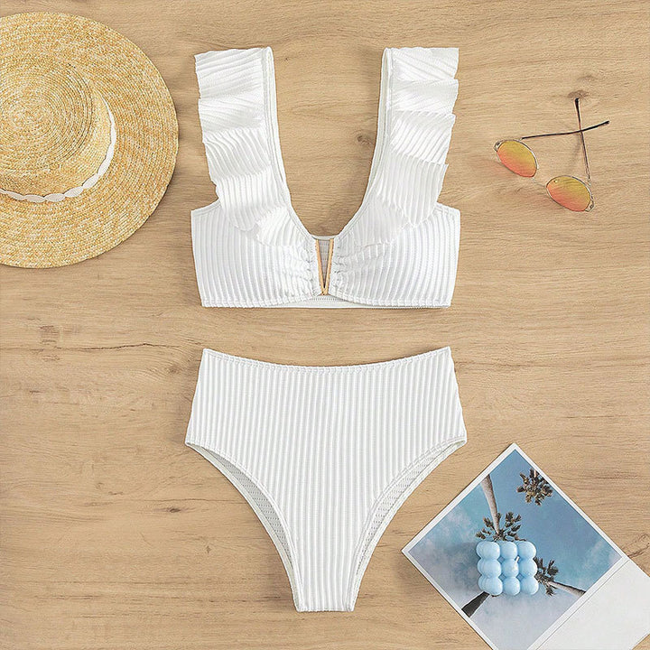 Damen hochtailliertes Bikini-Set mit Rüschendetails und goldenen Akzenten Drune
