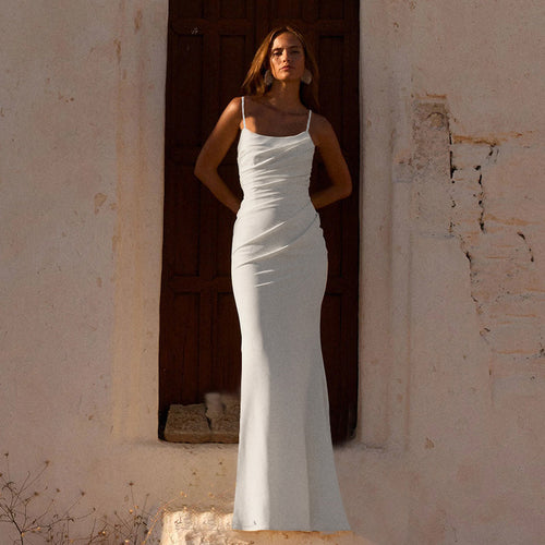 Damen figurbetontes Maxikleid mit Spaghettiträgern und raffinierten Rüschendetails Drune