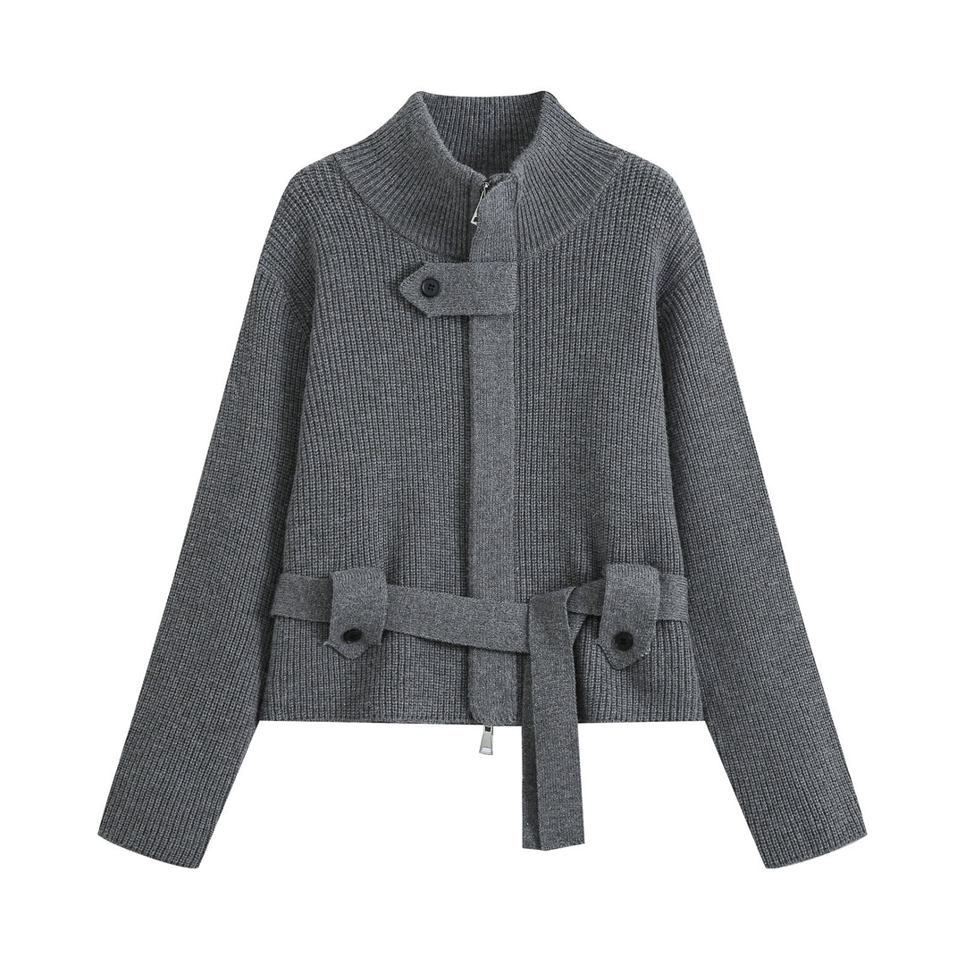 Damen Strickjacke mit Stehkragen, Reißverschluss und Taillenbindegürtel Drune