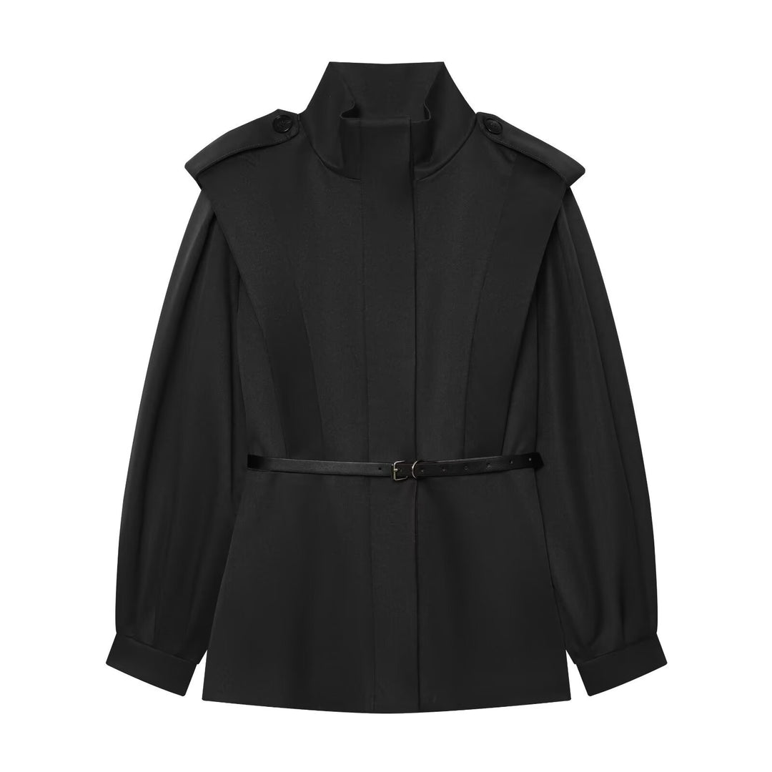 Damen Cape-ähnliche Manteljacke mit Stehkragen, Schulterklappen und Taillengürtel Drune
