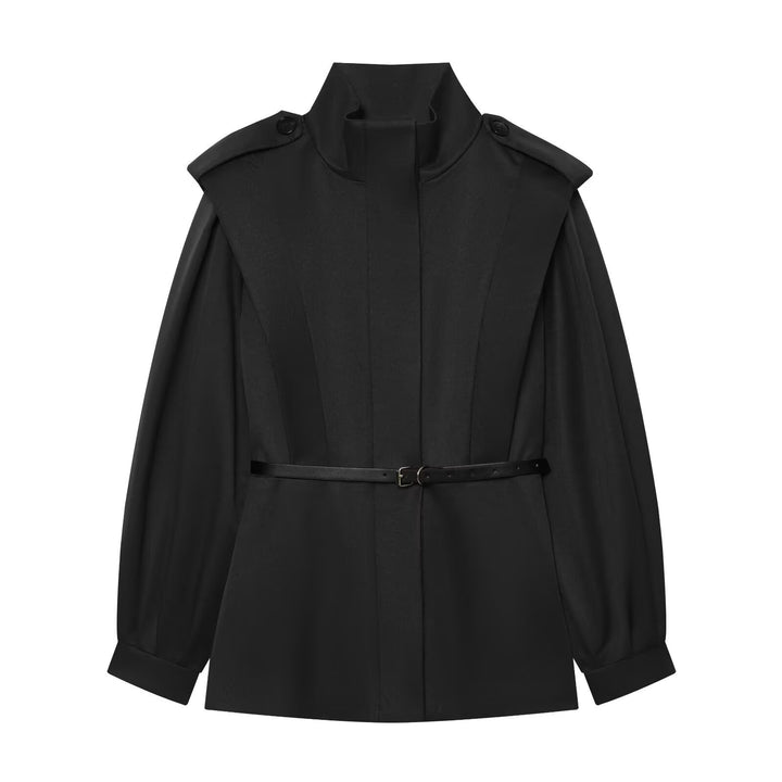 Damen Cape-ähnliche Manteljacke mit Stehkragen, Schulterklappen und Taillengürtel Drune