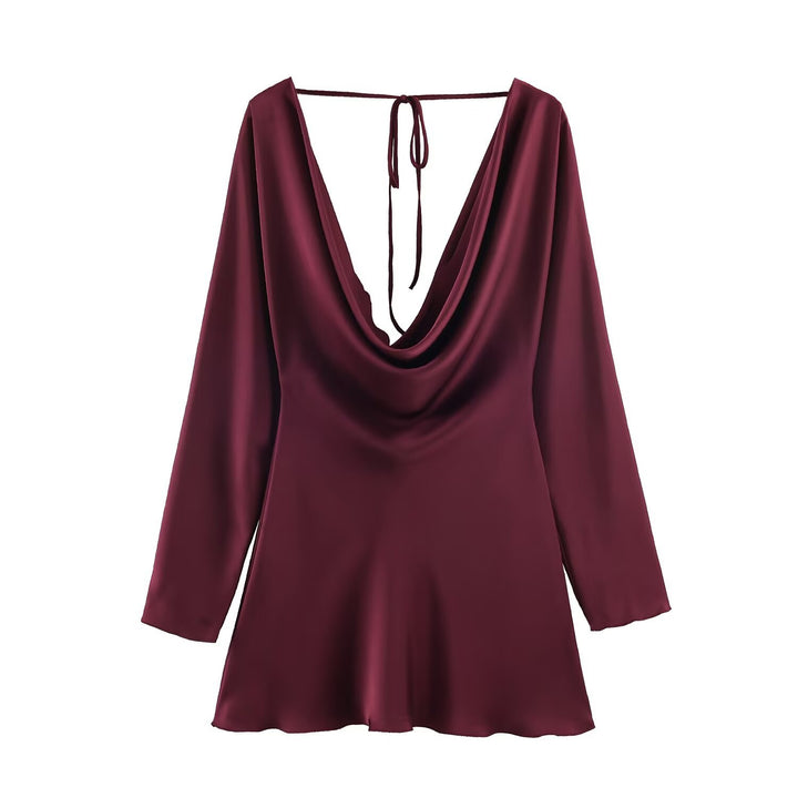 Damen Kurzes Satin-Minikleid mit tiefem Wasserfall‑Rücken, V‑Ausschnitt vorne und langen Ärmeln Drune