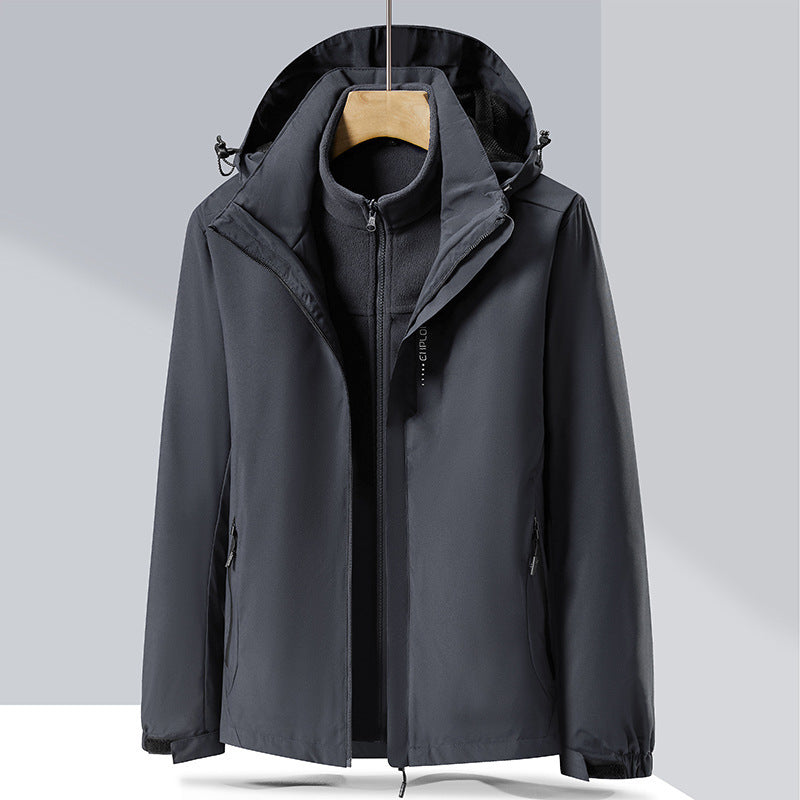 Herren zweilagige Softshell-Regenjacke mit abnehmbarem Fleece‑Innenlayer und verstellbarer Kapuze Drune