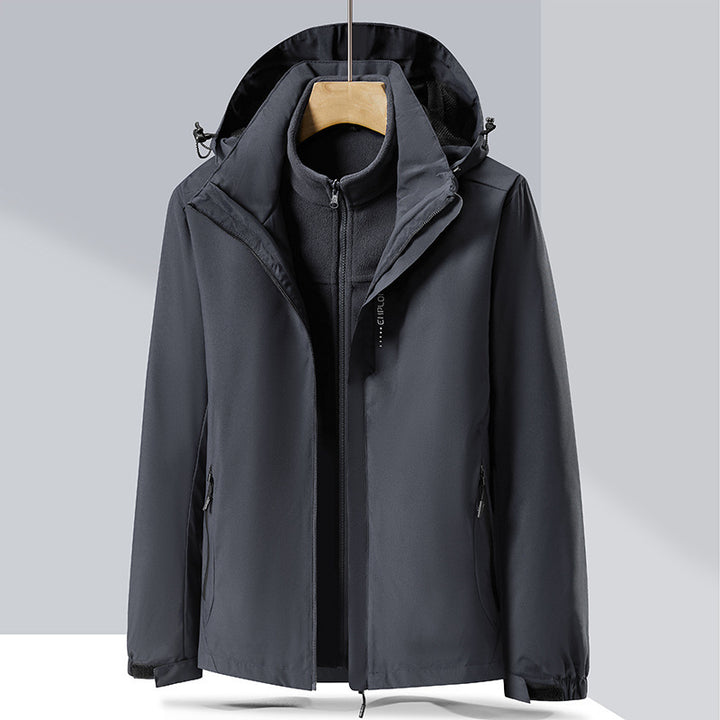 Herren zweilagige Softshell-Regenjacke mit abnehmbarem Fleece‑Innenlayer und verstellbarer Kapuze Drune