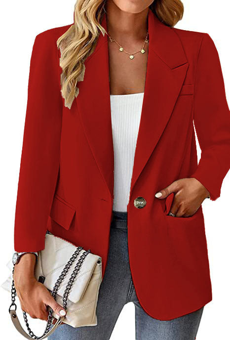 Damen Longline-Blazer im Oversize-Stil mit markantem Revers, Metallknopf und Pattentaschen Drune