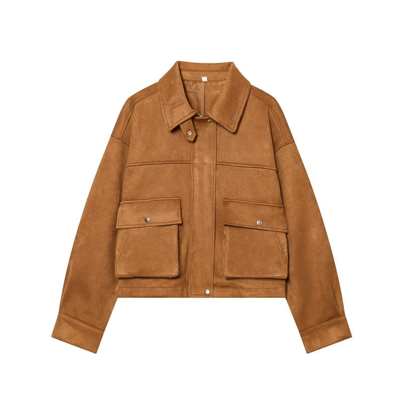 Damen Kurz geschnittene Boxy‑Veloursblousonjacke mit Pattentaschen und verdeckter Druckknopfleiste Drune