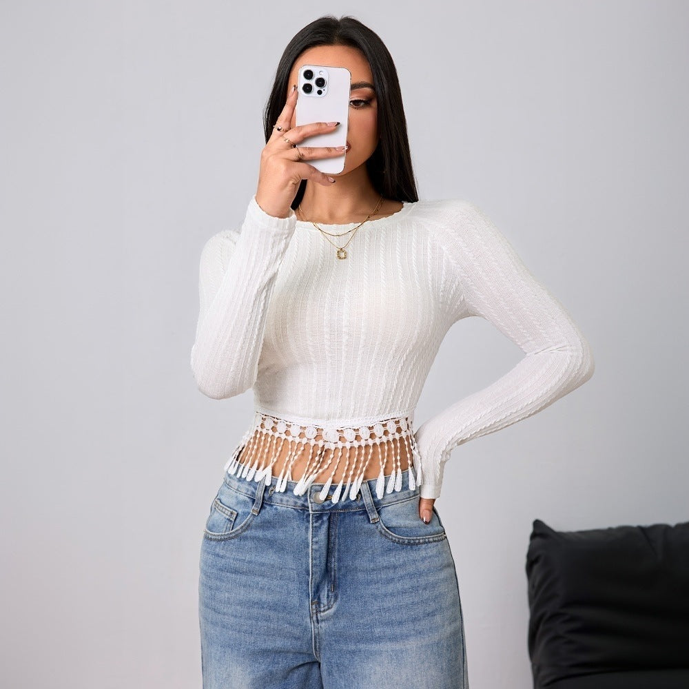 Damen gehäkeltes Crop-Longsleeve mit Fransen-Bordüre und Rippstruktur Drune