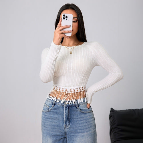 Damen gehäkeltes Crop-Longsleeve mit Fransen-Bordüre und Rippstruktur Drune