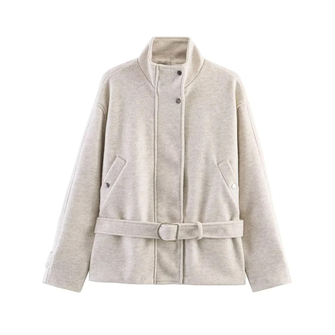 Damen nan taillierte Kurzjacke im Wollmix mit Stehkragen, Druckknopfleiste und Bindegürtel Drune