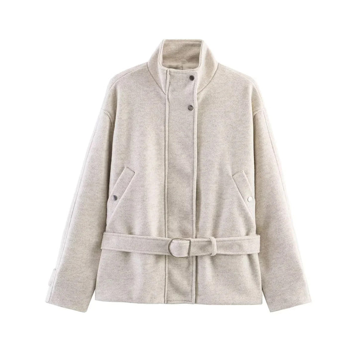 Damen nan taillierte Kurzjacke im Wollmix mit Stehkragen, Druckknopfleiste und Bindegürtel Drune