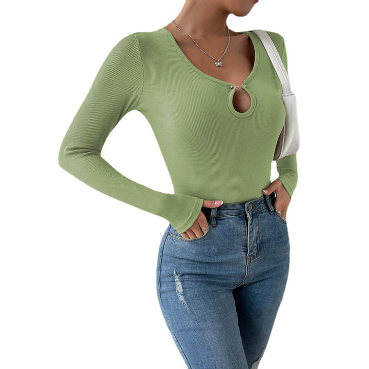 Damen geripptes Langarm-Top mit Keyhole-Detail, zierlichen Zierknöpfen und sculptender Stretch-Passform Drune