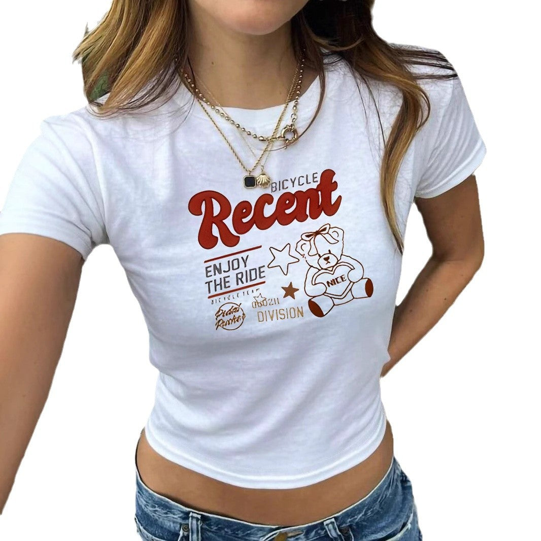 Damen figurbetontes T-Shirt mit Vintage-Teddymotiv und urbanem Schriftzug Drune