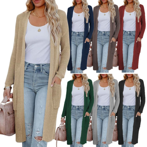 Damen Langer Strickcardigan mit elegantem offenes Design und praktischen Taschen Drune