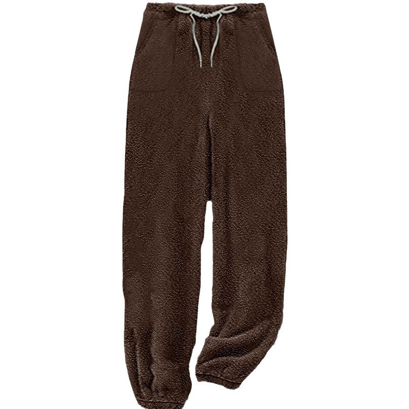 Damen nan kuschelige Sherpa-Fleece Loungehose mit Kordelzug, hoher Taille und elastischen Bündchen Drune