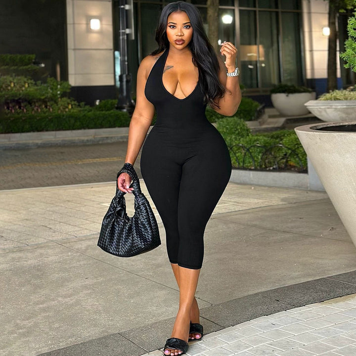 Damen Eleganter bodenlanger Jumpsuit mit tiefem V-Ausschnitt Drune