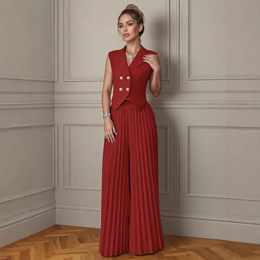 Damen elegantes ärmelloses Hosenanzug-Set mit plissiertem Rock Drune