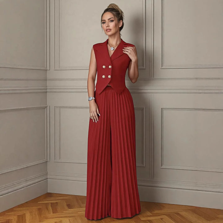Damen elegantes ärmelloses Hosenanzug-Set mit plissiertem Rock Drune