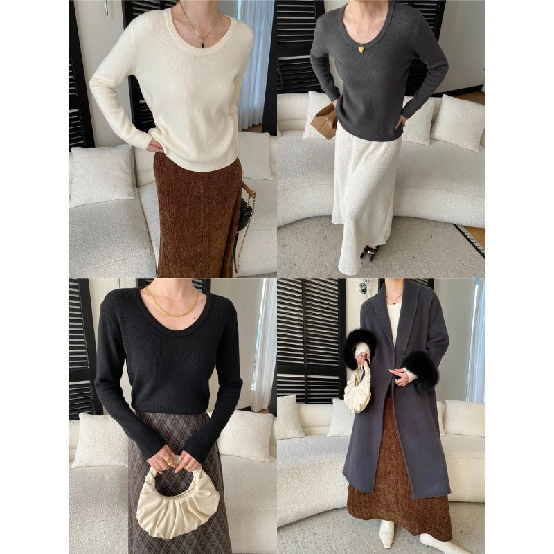 Damen eleganter Feinstrickpullover mit tiefem V-Ausschnitt und langen Ärmeln Drune