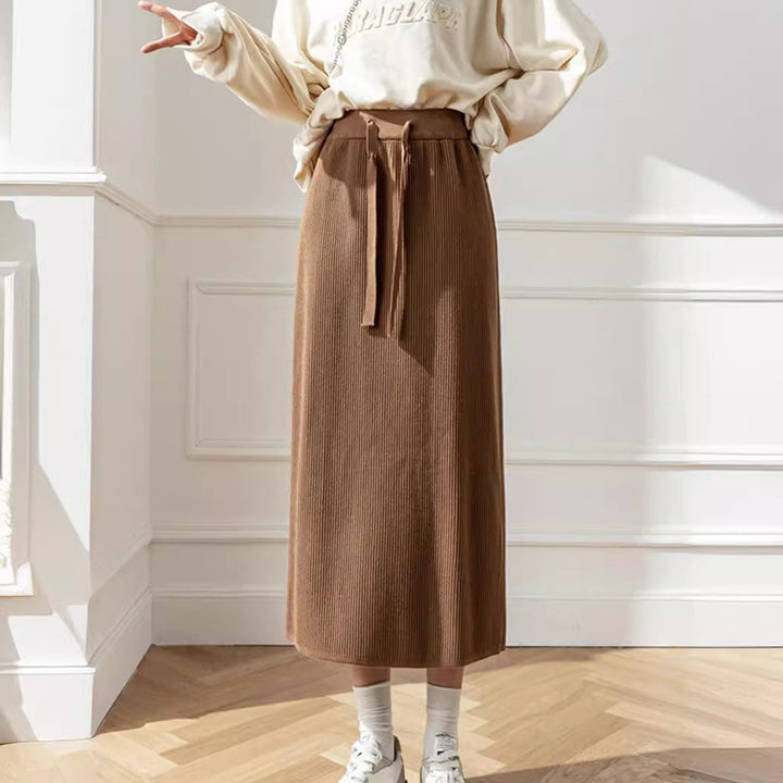 Damen Knielanger Strickrock mit Taillenband und texturiertem Design Drune