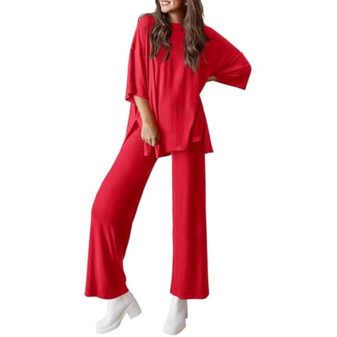 Damen Lässiges Lounge-Set aus weichem Jersey mit Oversize-Tunika und weiter Palazzo-Hose Drune