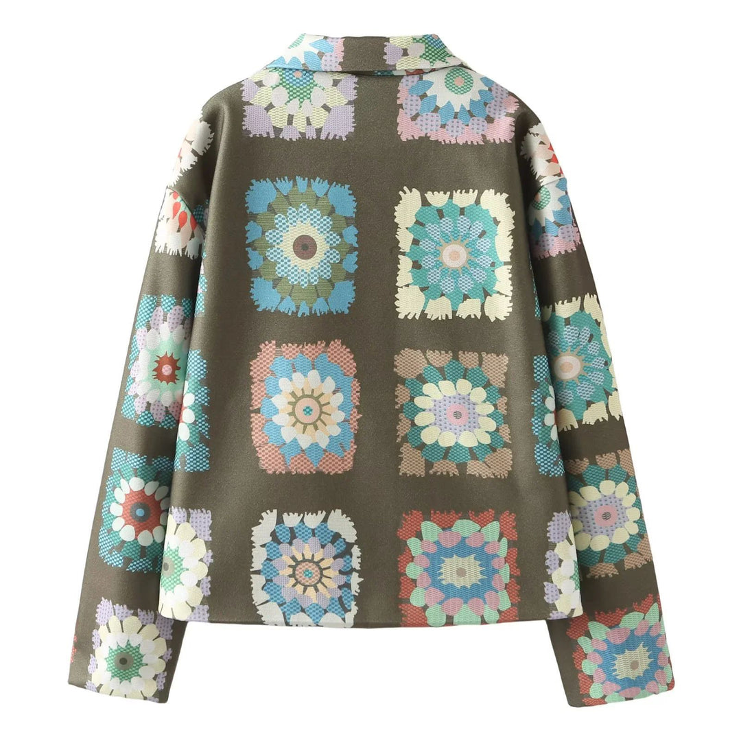 Damen nan gemusterte kurze Boxy-Jacke mit floralen Patchwork-Quadraten Drune