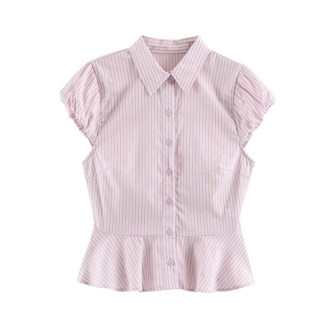 Damen Taillierte Kurzarm-Bluse mit Schößchen, Hemdkragen und feinem Nadelstreifen Drune