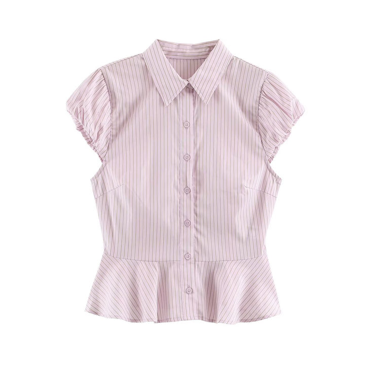Damen Taillierte Kurzarm-Bluse mit Schößchen, Hemdkragen und feinem Nadelstreifen Drune