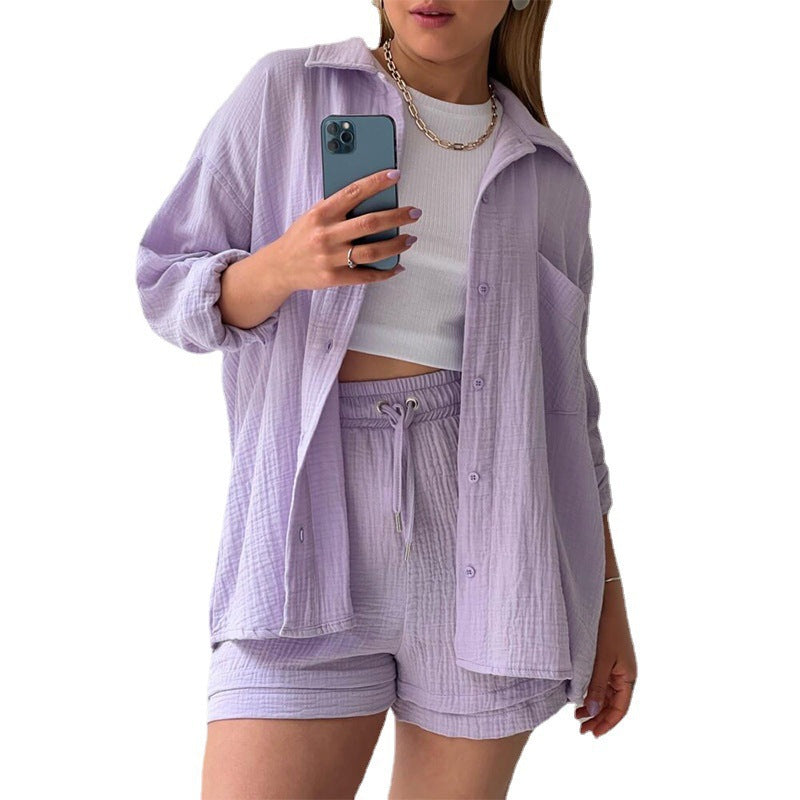 Damen nan lässiges oversized Hemd und Shorts Set mit Brusttasche Kordelbund und gerauter Baumwollstruktur Drune