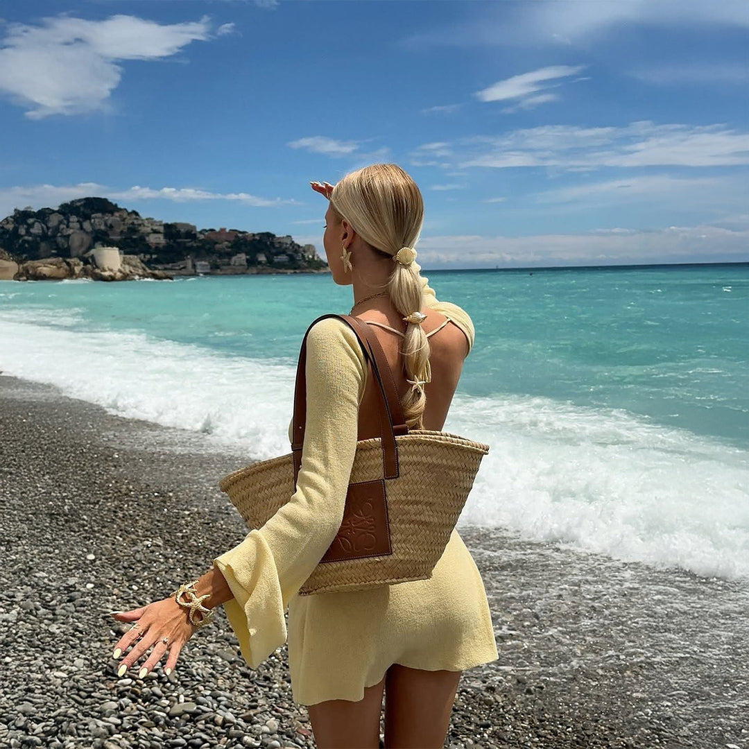 Damen Elegante Strandtasche aus geflochtenem Naturmaterial mit Lederdetails Drune