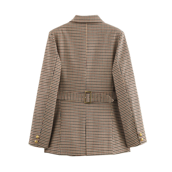 Damen nan schmal geschnittener Longblazer im Hahnentritt-Muster mit goldenen Zierknöpfen und Leistentaschen Drune