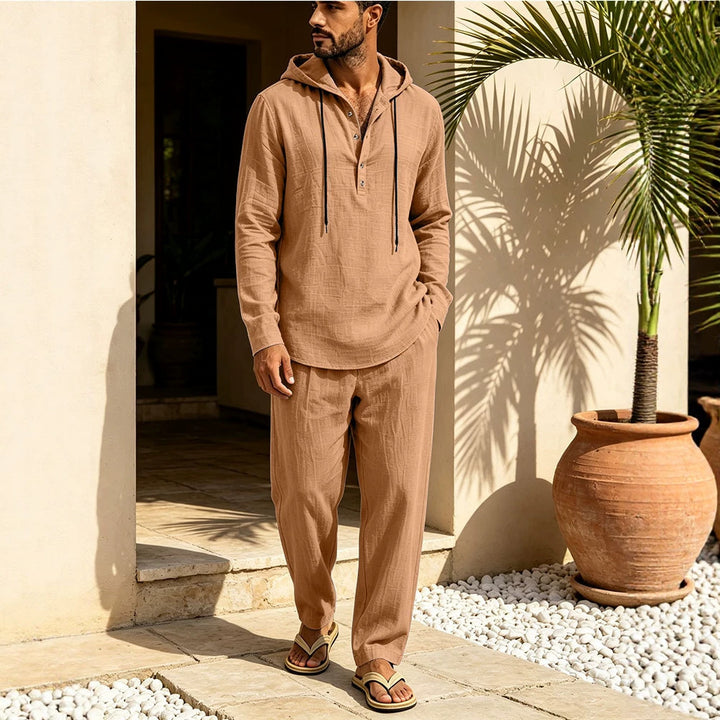 Herren Lässiges Leinen-Look Freizeit-Set mit Kapuzenhemd und weiten Hosen Drune