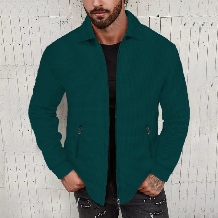Herren minimalistische Stehkragen-Feinstrick-Übergangsjacke mit Zwei-Wege-Reißverschluss und verdeckten Reißverschlusstaschen Drune