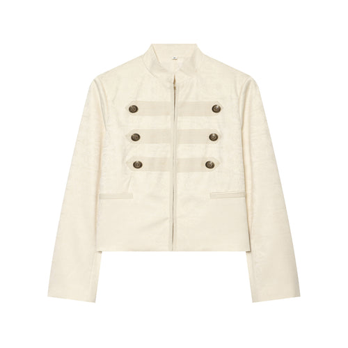 Damen Boxy-Cropped Jacquard-Jackett mit Stehkragen und dekorativer Zierknopfleiste Drune