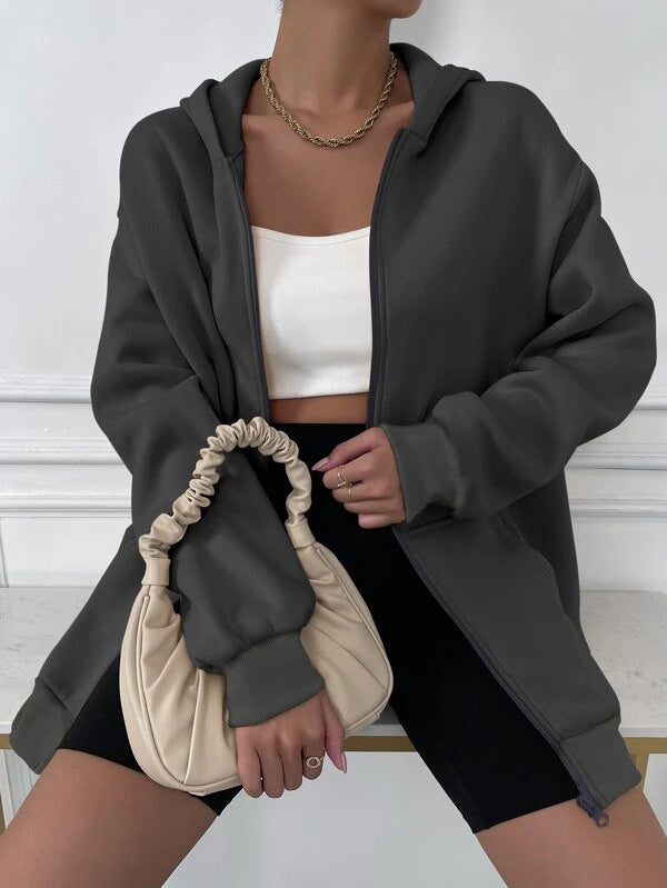 Damen nan oversized Zip-Hoodie mit verlängertem Saum weichem Fleece-Innenfutter und Kängurutaschen Drune