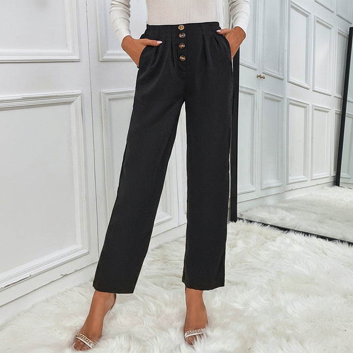 Damen Hochtaillierte Bundfalten-Hose mit dekorativer Knopfleiste und geradem Bein Drune