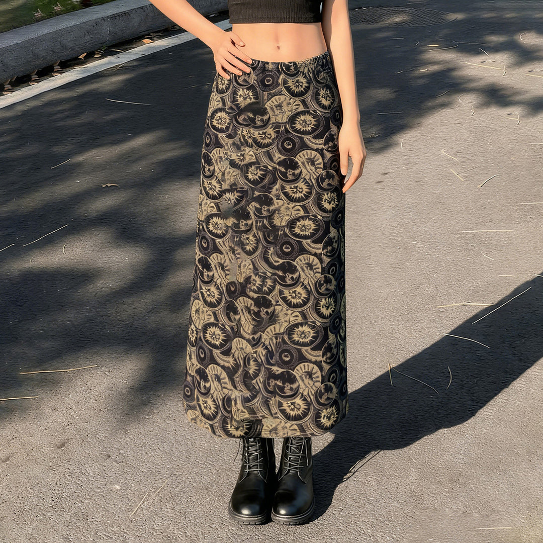 Damen Midi-Rock mit kunstvollem Druck und elastischem Bund Drune
