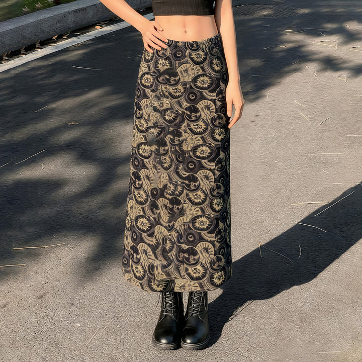 Damen Midi-Rock mit kunstvollem Druck und elastischem Bund Drune