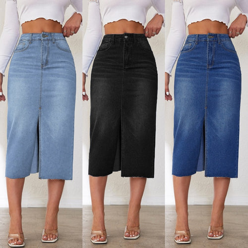 Damen Midi Jeansrock mit seitlichem Schlitz Drune