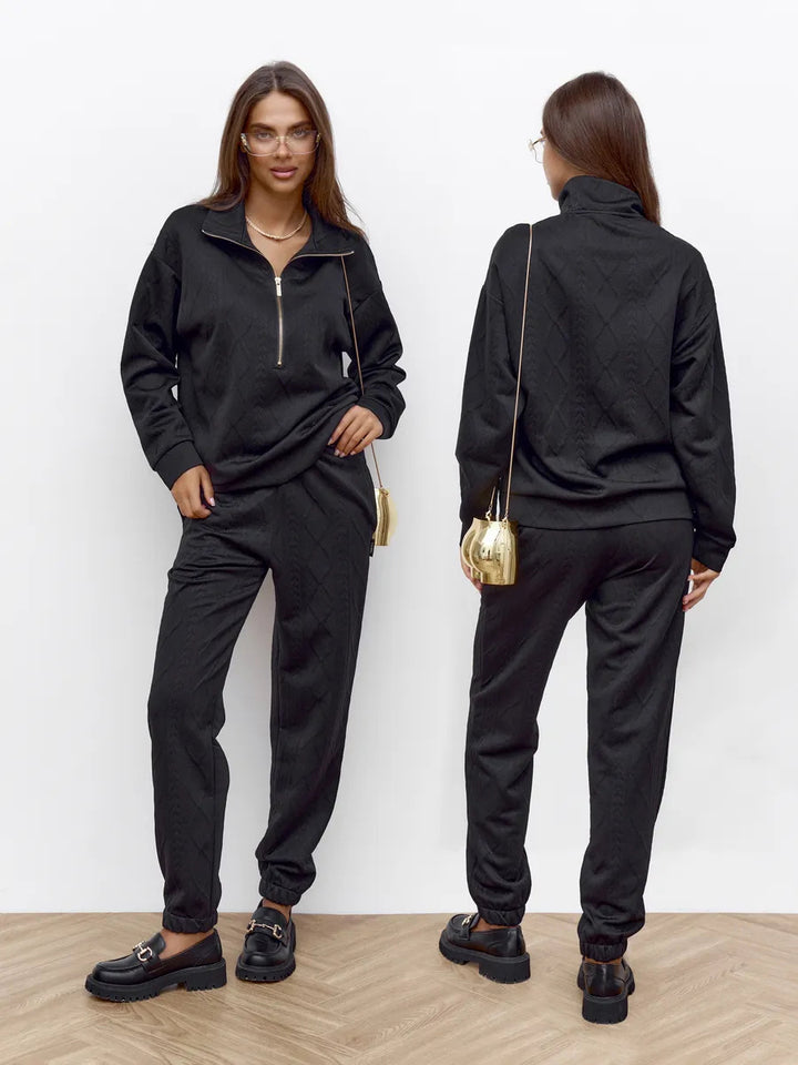 Damen Zopfstrick-Lounge-Set mit halbem Reißverschluss und hochtaillierter Jogginghose Drune