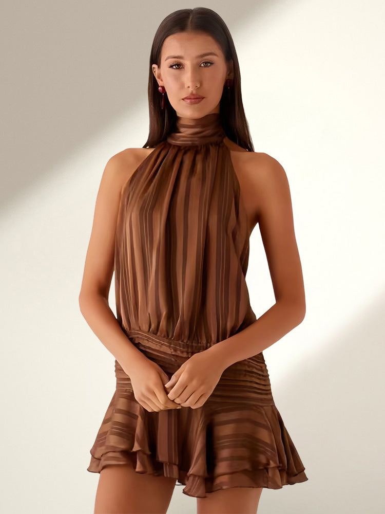 Damen Neckholder Minikleid mit Rüschensaum und gepolstertem Oberteil Drune