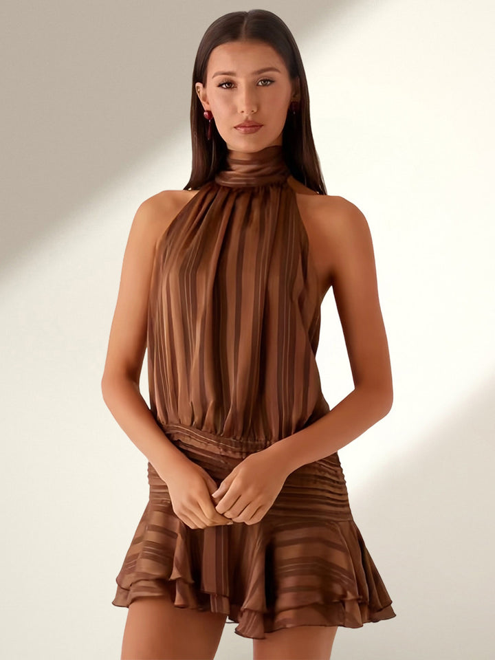 Damen Neckholder Minikleid mit Rüschensaum und gepolstertem Oberteil Drune