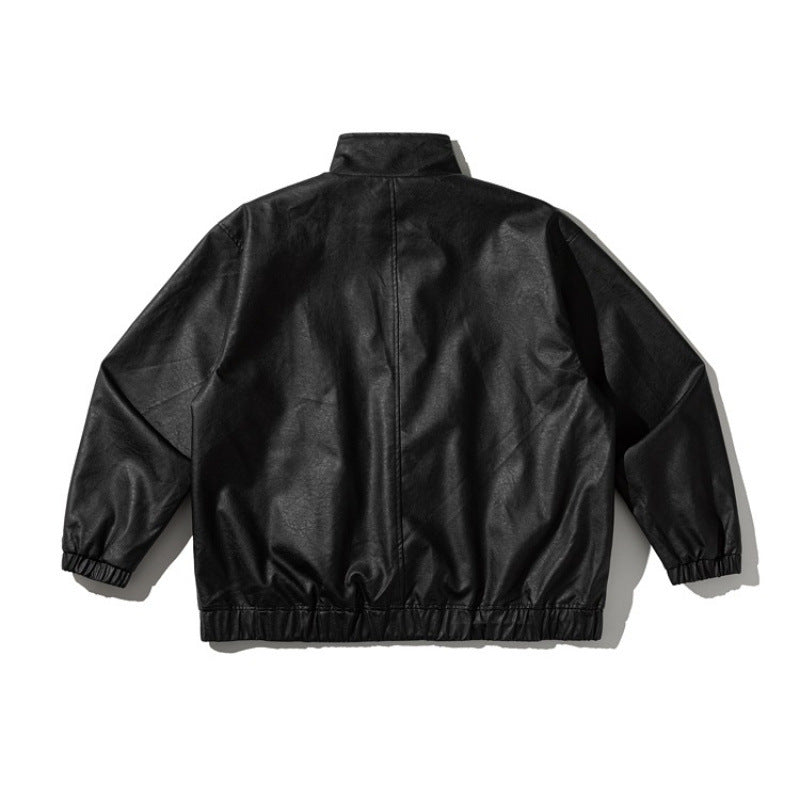 Unisex Boxy-Kurzjacke aus veganem Leder mit hohem Kragen, Knebel-Front und elastischem Saum Drune
