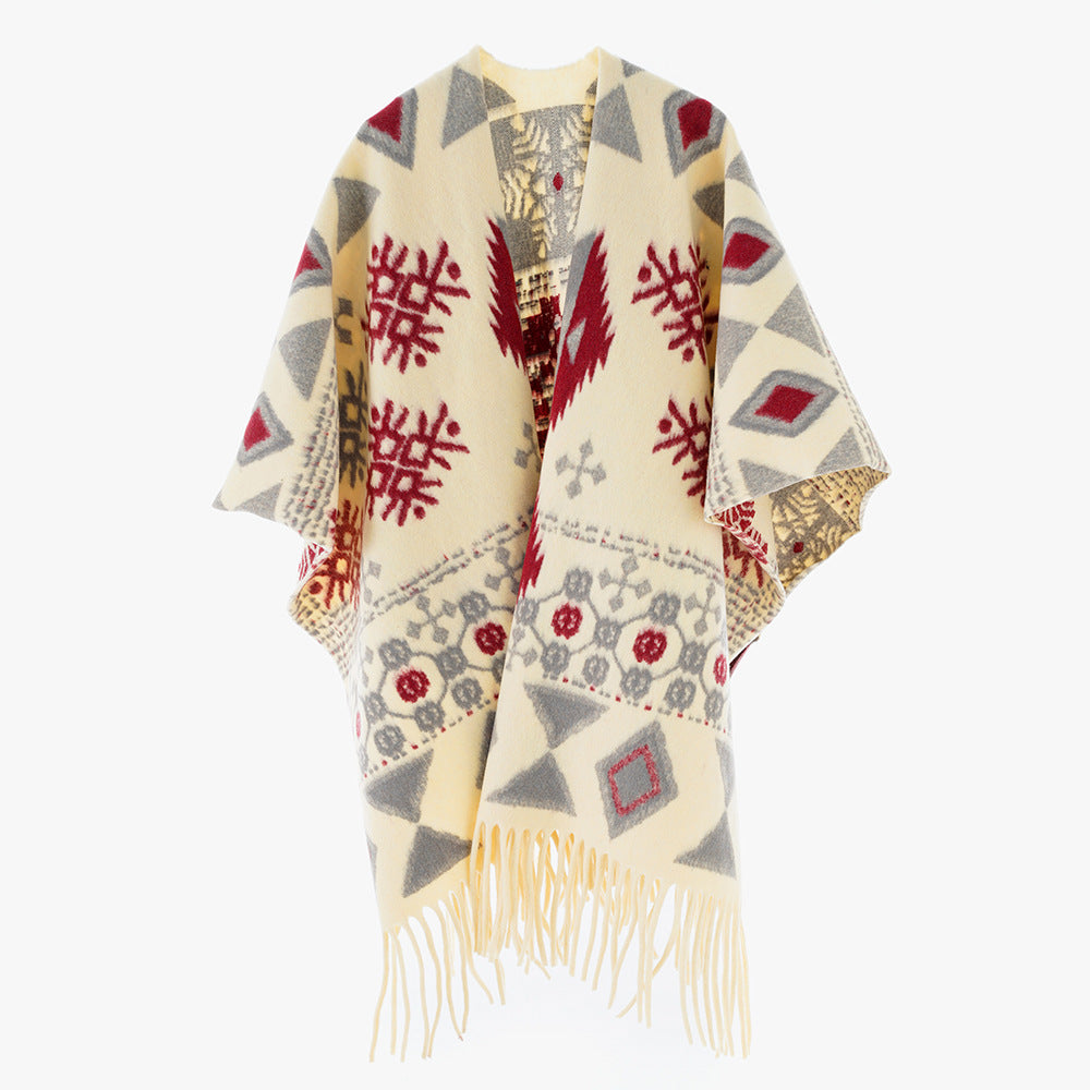 Damen Jacquard Überwurfcape aus feinem Strick mit Paisley-Bordüre Drune