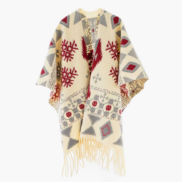 Damen Jacquard Überwurfcape aus feinem Strick mit Paisley-Bordüre Drune