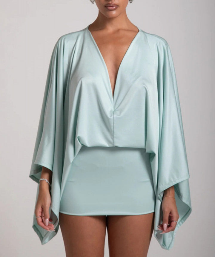Damen nan Cape-Minikleid mit tiefem V-Ausschnitt, Fledermausärmeln und tailliertem Minirock Drune