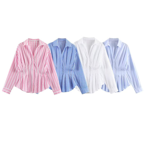 Damen Gestreifte Oversize-Bluse mit taillierenden Raffungen und Hemdkragen Drune