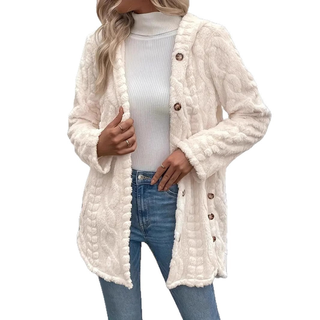 Damen Plüschjacke mit Kapuze und Knopfverschluss Drune