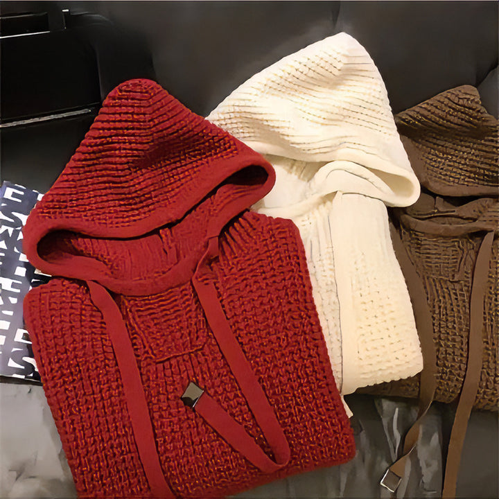 Damen Grob gestrickter Kapuzenpullover mit Waffelstruktur und Kordelzug Drune